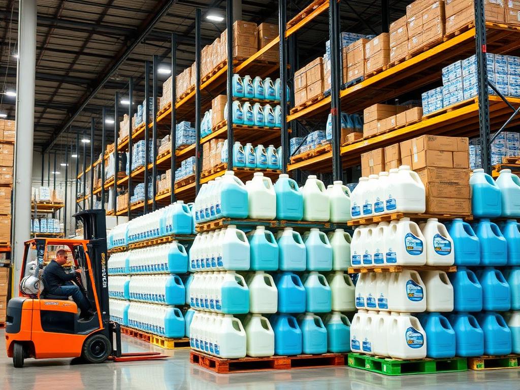 Kho thành phẩm với pallet can và thùng carton